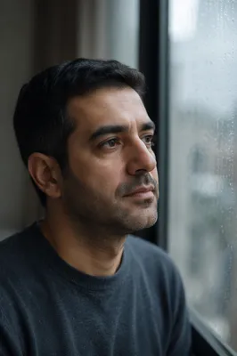 Contemplative Man by Rainy Window
