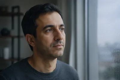 Contemplative Man by Rain Speckled Window