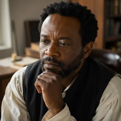 Thoughtful Man in Warm Study Close Up
