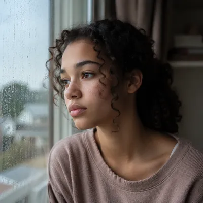 Contemplative Teen Girl by Rainy Window