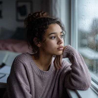 Contemplative Teenage Girl by Rainy Window