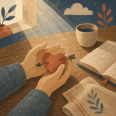Hands Holding Pierced Heart in Morning Light