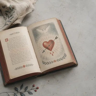 Open Vintage Devotional Book with Heart Illustration
