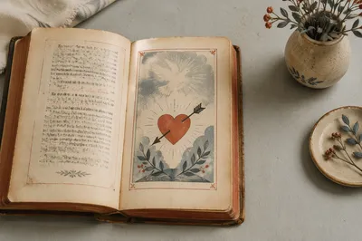 Open Vintage Devotional Book with Heart Illustration