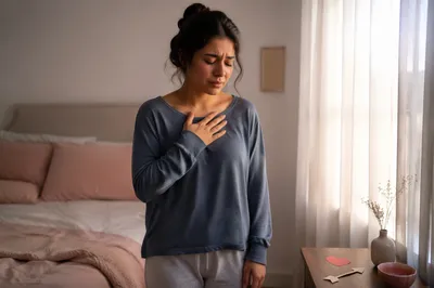 Tearful Woman in Soft Dawn Bedroom