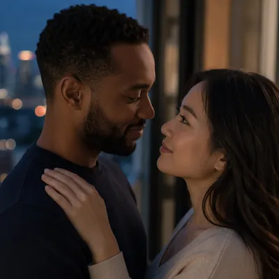 Interracial Couple Sharing Tender Balcony Moment