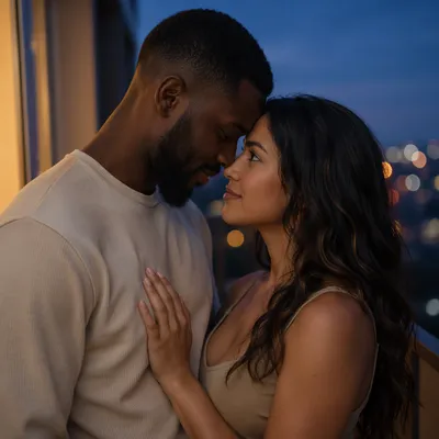 Interracial Couple on Balcony at Blue Hour