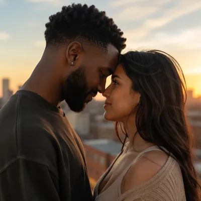 Interracial Couple on Rooftop at Sunset