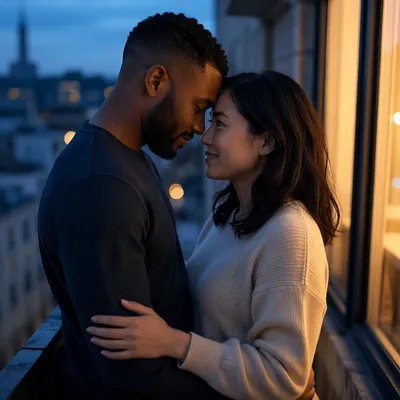 Tender Couple on Balcony at Blue Hour