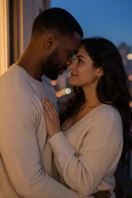 Interracial Couple on Balcony at Blue Hour