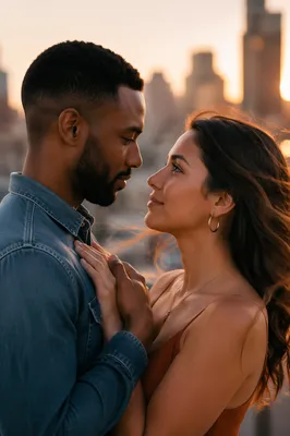 Interracial Couple Gazing on City Rooftop