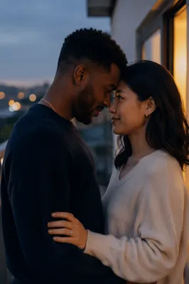 Interracial Couple Sharing Tender Blue Hour Gaze