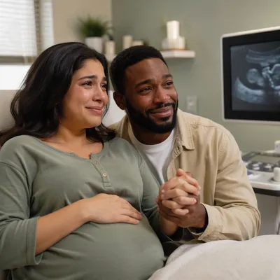Expectant Couple During Emotional Ultrasound Appointment