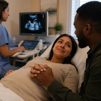 Emotional Couple During Prenatal Ultrasound Exam