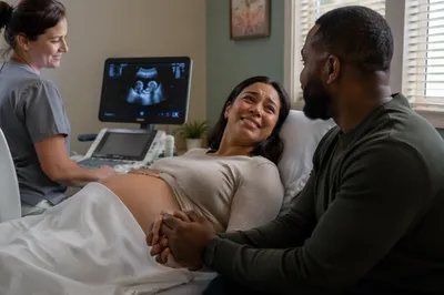 Expectant Couple During Ultrasound Clinic Visit
