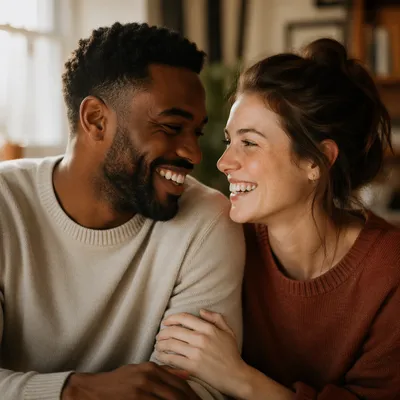 Laughing Interracial Couple in Warm Window Light