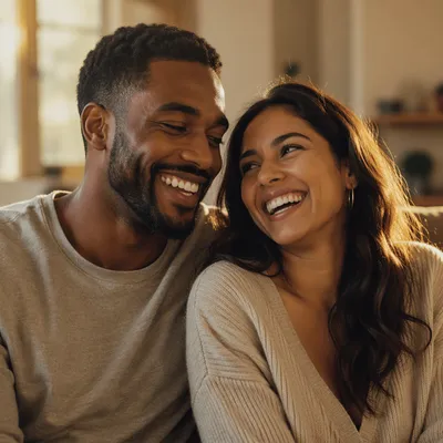 Joyful Couple Laughing in Warm Light