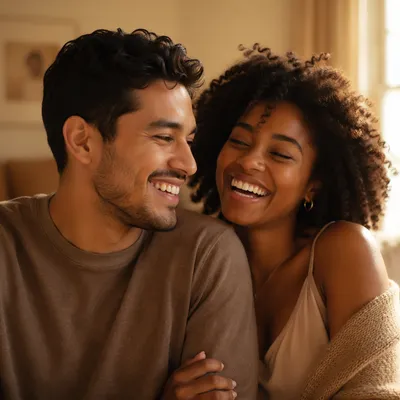 Joyful Couple Laughing in Warm Light