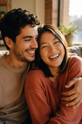 Joyful Couple Laughing in Warm Window Light