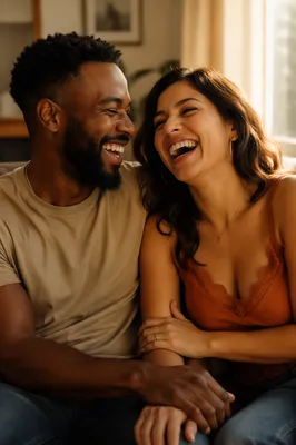 Laughing Interracial Couple in Warm Window Light