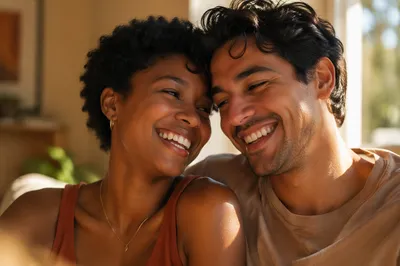 Laughing Interracial Couple in Warm Window Light