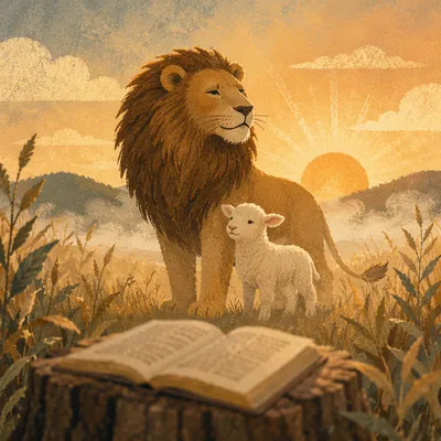 Courageous Lion and Lamb at Sunrise