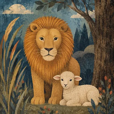 Courageous Lion and Lamb in Peace