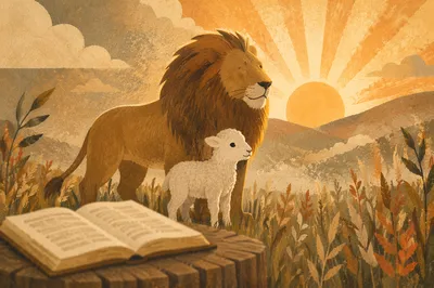 Lion and Lamb Courage at Sunrise