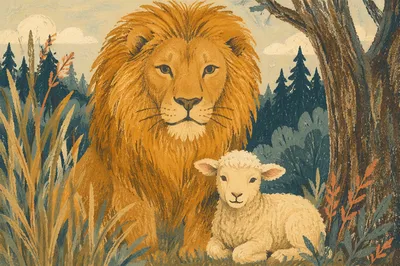 Courageous Lion and Lamb in Peace