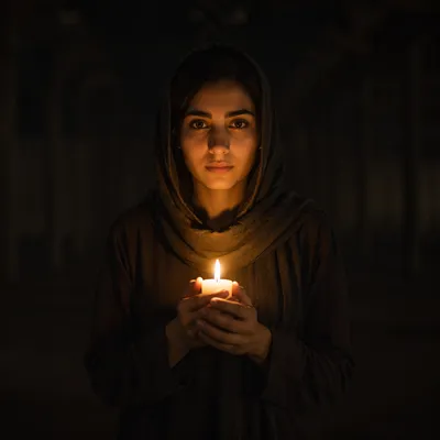 Young Woman Holding Candle in Darkness