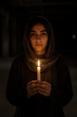 Young Woman Holding Candle in Darkness