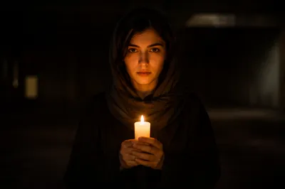 Young Woman Holding Candle in Darkness