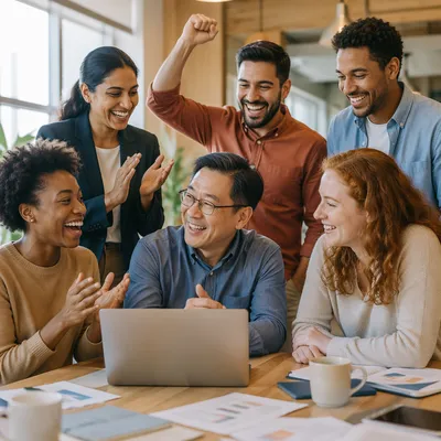Coworkers Celebrating Success in Office Lounge