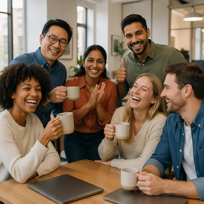 Diverse Coworkers Celebrating in Office Lounge