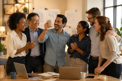 Six Coworkers Celebrating in Modern Office Lounge