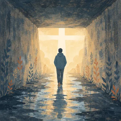 Walking Toward Cross Light in Tunnel