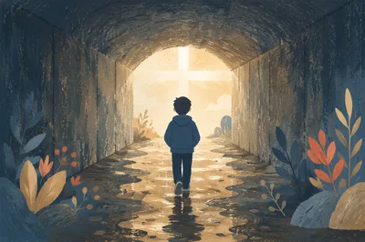 Hopeful Cross Light in Dark Tunnel