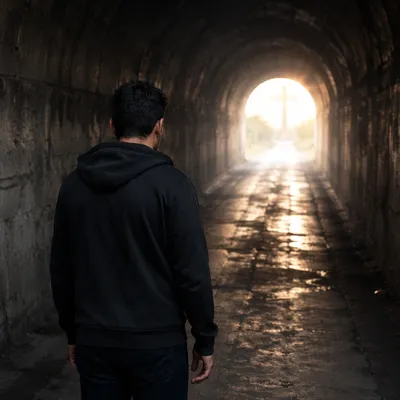 Man Walking Toward Light in Tunnel