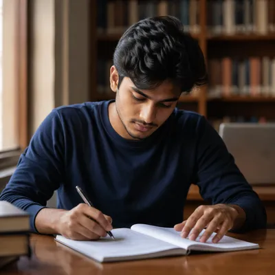 Focused College Student Studying in Library