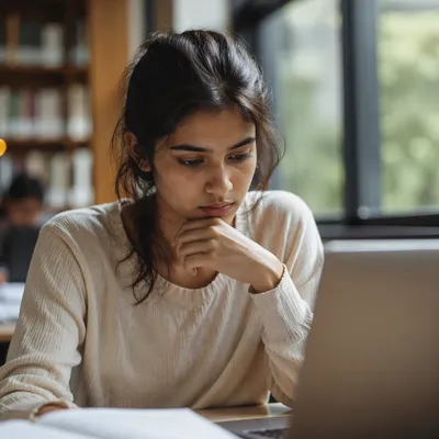 Determined Student Studying by Library Window