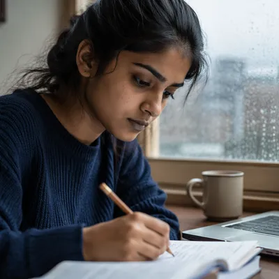 Focused Student Studying by Rainy Window