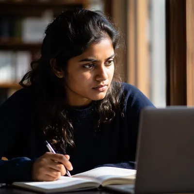 Determined Student Studying by Library Window