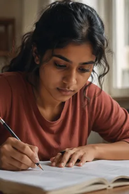 Determined Student Studying at Desk Close Up