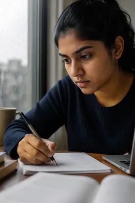 Determined Student Studying by Rainy Window