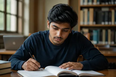 Focused Student Studying at Library Desk