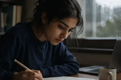 Focused Student Studying by Rainy Window