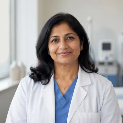 Compassionate Female Doctor Headshot in Clinic