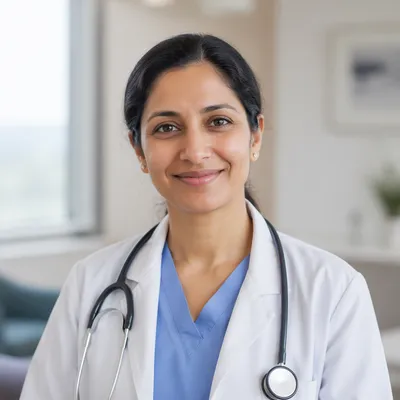 Compassionate Female Doctor Headshot in Clinic