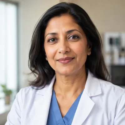 Compassionate Female Doctor Headshot in Clinic