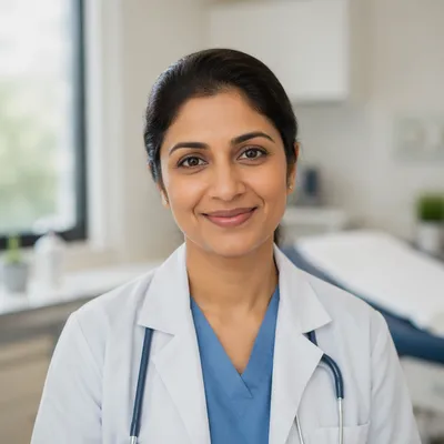 Compassionate Female Doctor Headshot in Clinic